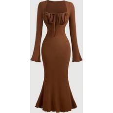 Shein Tie Front Bell Sleeve Long Slim Fit Fishtail Dress French Style Brown Fall Womens Clothing Long Formal Wear Fall Wedding Guest Dress Bride Elegant Dre