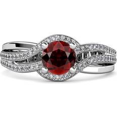 TriJewels Halo Swirl Engagement Ring - White Gold/Garnet/Diamonds