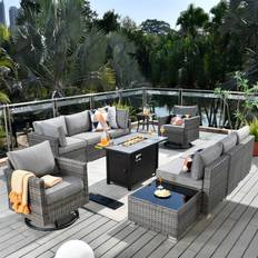 Outdoor Lounge Sets Ovios 11pc Venice Patio Conversation Furniture with Metal Firepit and Swivel Chairs Dark Gray Cushions Outdoor Lounge Set