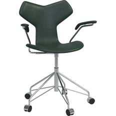 Fritz Hansen 3231FU Grand Prix Fully Upholstered Swivel Chair W/Armrests, Pure Forest Green Leather, Chrome Stol