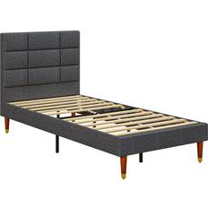 Homcom Upholstered Single Bed Frame w/ Wooden Slat No Box Spring Needed - Grey