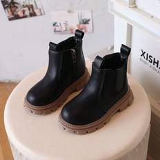 Shein New Kids Boots Black Boots For Boys Girls Fashionable Ankle Boots In Beige Soft Sole Leather Boots