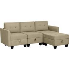 Homcom Brown Sofas Homcom Convertible Modular Sectional with Storage, 3 Seater Set, L Shaped Couch with Ottoman, Wood Frame for Living Light Brown UK Sofa