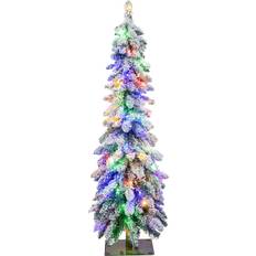 With Lighting Christmas Trees Costway Snow-Flocked Slim Pencil with 11 Lighting Modes-4FT Christmas Tree