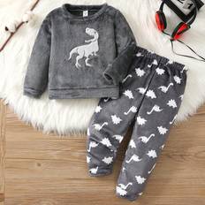 Shein pcs Winter Young Boy Cartoon Dinosaur Embroidered Crew Neck Long Sleeve Top And Pants Soft And Comfy DoubleSided Flannel Pajama Set