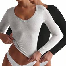 Shein Womens Solid VNeck Long Sleeve Minimalist TShirt Casual Daily Wear