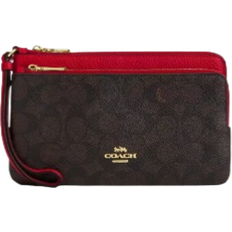 Coach Double Zip Wallet - Signature Canvas/Gold/Walnut/Bold Red