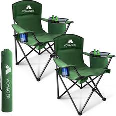 Voyager Folding Camping Chairs 2 Pack With Cooler Bag, Lightweight Q195 Steel Frame, 600D Oxford Fabric, Portable Green One Size