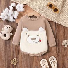 Polyester Bodysuits Shein Baby Boys Sweater Bodysuit Light Brown Embroidered Teddy Bear Design Warm Comfortable For Newborns Suitable For Daily Wear Outings Travel Home Daycar