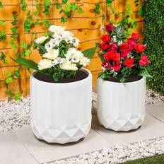 Pots, Plants & Cultivation B&Q Set Of 2 Large Handmade Round Plant Pots - Modern Mgo Flower Planters With Geometric Texture Design - One Size