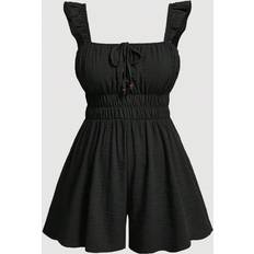 Wool Jumpsuits & Overalls Shein Plus Avocado Green Cute Ruffle Detail Center Front Strap Wooden Bead Decoration Romper In Gray Green