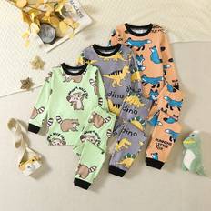 Long Sleeves Pyjamases Shein pcsSet Young Boy Solid Color Patchwork Crew Neck Long Sleeve Top And Pants Pajamas Set