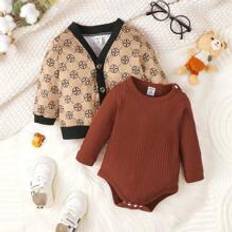 Polyester Bodysuits Shein Baby Girl Solid Ribbed Bodysuit & All Over Print Contrast Binding Top