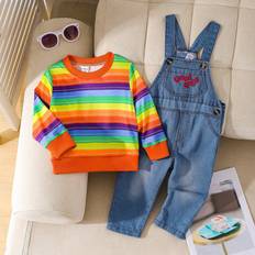 Babies Other Sets Children's Clothing Shein Cute Color Block Striped Crew Neck Top With Denim Overalls - Multicolor