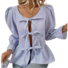 Shein Frenchy Autumn Stylish Sweet Tie Up Striped Puff Sleeve Blouse