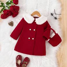 9-12M Jackets Shein Toddler Girls Red Wool Blend Thick Winter Coat With Fuzzy Collar Warm And Windproof