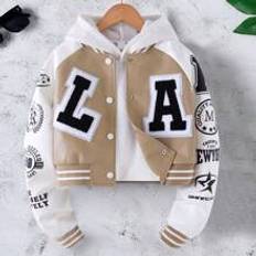Multicoloured Jackets Shein Tween Girl PU Patchwork Letter Print Short Bomber Jacket