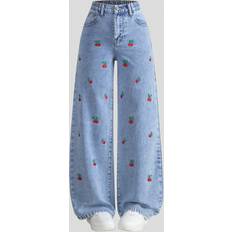 Florals Trousers Children's Clothing Shein Tween Girls Casual Washed Eans With Embroidered Design Straight Fit