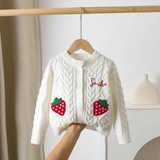 Cardigans Shein Young Girls And Young Girls Strawberry Applique White Textured Cardigan Sweater Suitable For Casual Holiday Wear