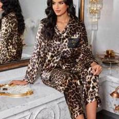 Leopard Nattøj Shein Leopard Print Silk-Like Lapel Cardigan And Long Pant Women Pajama Set