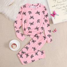 Cheap Pyjamases Shein pcsSet Tween Girls Snug Fit Pink Butterfly Print Long Sleeve Top And Pants Soft Comfortable Knit Pajamas Set Suitable For AutumnWinter