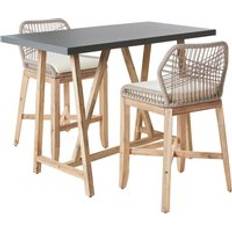 Holz Café-Sets Beliani Gartenmöbel Grau Beton Und Akazienholz Rustikal Hochtisch 140x70 cm Mit 2 Stühlen Und Sitzkissen Cremeweiß Terrasse Gartenausstattung Café-Set