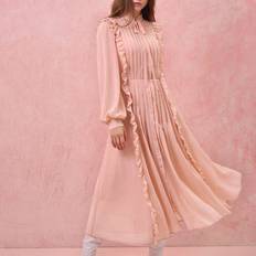 Shein New Autumn Winter ProductsWomen Elegant Solid Color Lantern Sleeve Ruffle Creasing DressFall Winter Womens ClothingWinter DressElegant Women Dresses