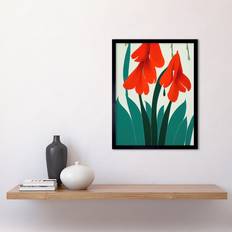 Turquoise Framed Art ARTERY8 Crimson Bloom Wild Flowers Teal Leaves W12 inch x H16 inch - Black Framed Art