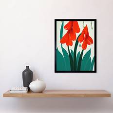 Turquoise Framed Art Crimson Bloom Wild Flowers Teal Leaves W12 inch x H16 inch - Black Framed Art