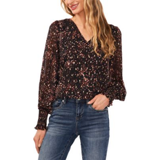 Puff Sleeve Blouses CeCe Women's Printed Long-Sleeve V-Neck Blouse Rich Black