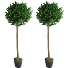 Interior Details Leaf Pair Of 120 cm 4 Ft Stem Topiary Bay Laurel Ball Trees - Green Artificial Plant