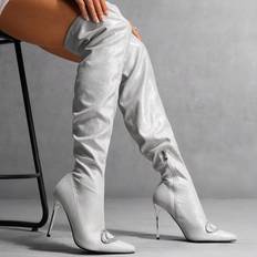 Silver - Women High Boots Shein Fashion Silver High Heel Thigh High Boots Pointed Toe Slim Heeled PartyDate OverTheKnee Tall Boots With Zipper