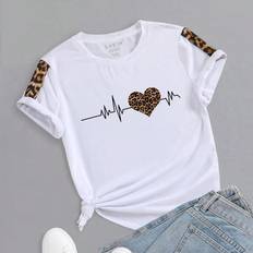 Leopard T-shirts Shein Plus Womens Heart Leopard Print Round Neck Short Sleeve TShirt