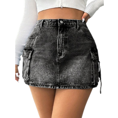 Shein EZwear Plus Solid Color Denim Skirt With Pockets - Black