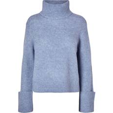 Satin Sweatere Selected Femme Trøje slfSia Ras LS Knit High Neck Blå