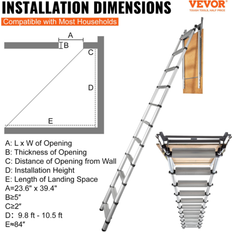 VEVOR Échelle Télescopique Pliable de Grenier en Aluminium Capacité de Charge 158,8 kg 600x1000 mm Extension Polyvalente Légère Portable Hauteur d'Installation 9,8-10,5' pour Grenier, Bureau, Maison