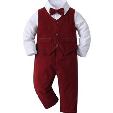 18-24M Suits Children's Clothing Shein Young Boy Gentlemen Suit Three Pieces White Shirt With Bow Tie, Burgundy Vest And Trousers, Fashionable And Cute, Suitable For Birthday Party, Wedding, Performance And Banquet