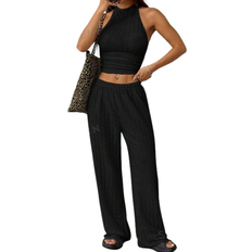 Women - XS Suits Shein EZwear Black Knit Sleeveless Backless Top & Elastic Waist Skinny Pants