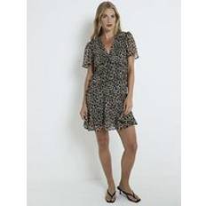 Chiffon Clothing River Island Womens Brown Leopard Ruched Chiffon Mini Dress