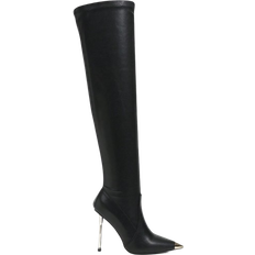 Polyurethane - Women High Boots Shein CUCCOO SZL Fashionable Women's Shoes - Black Metal Toe Pointed Leather Over-The-Knee Boots For Autumn And Winter, Sexy And Slim, Suitable For Commuting, Dating, And Parties Halloween Witch