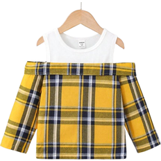 Polyester Blouses & Tunics Children's Clothing Shein Young Girl Plaid Patchwork Open Shoulder Long Sleeve Loose Casual Blouse