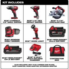 Power Tool Accessories Milwaukee M18 5 Tool Combo Kit: 1/2" Drill Driver 2606-20, 1/4" Hex Impact Driver 2656-20, 6-1/2" Circular Saw 2630-20, Random Orbit Sander 2648-20, LED Work Light 2735-20, Red