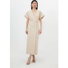 Clothing Karen Millen Techno Cotton Woven Midi Dress With Gold Clasp Sand