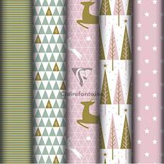 Clairefontaine 201965AMZC A Box of 10 Rolls of Gift Wrapping Paper Excellia 80g Paper Dimensions: 5x0.70m Pattern: Christmas, Pink, Gold, Fir Trees, Deer