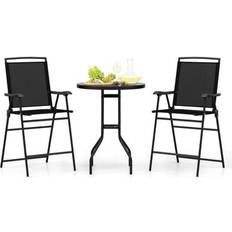 Costway 3 Pieces Stool with DPC Tabletop and Umbrella Hole for Poolside-Black Outdoor Bar Set