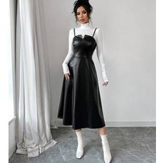 Leather Imitation Dresses Shein Women Elegant Minimalist Casual Fashion Faux Leather VNeck ALine Midi Dress