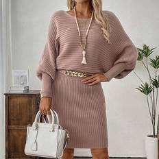 Shein Dresses Shein Women Solid Color Lantern Sleeve Ribbed Knit Sweater Dress