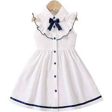 Girls Dresses Shein Little Girls Back to School Session Commute and Casual Academy Style Light Blue and White Lotus Edge Sleeveless Dress