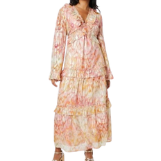 Oasis Ikat Print Ruffle Metallic Jacquard Midaxi Dress - Pink