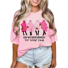 Shein L T-shirts Shein Ezwear Halloween Short-Sleeved T-Shirts, We Wear Pink Short-Sleeved, Halloween Short-Sleeved, Ghoul Short-Sleeved, Let's Go Ghoul Short-Sleeved